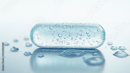 Macro photography style rendering of a single fluoxetine capsule with water droplets on surface, extreme detail showing pharmaceutical imprints and texture, soft gradient background transitioning photo