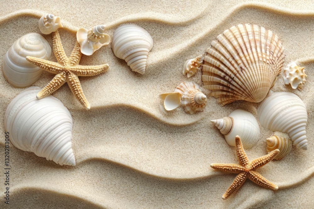 Seashells Starfish Sandy Beach Summer Natural Light Concentric Waves Detail Tropical Vacation Seashells Starfish Sandy Beach Summer Natural Light Concentric Waves Detail Tropical Vacation