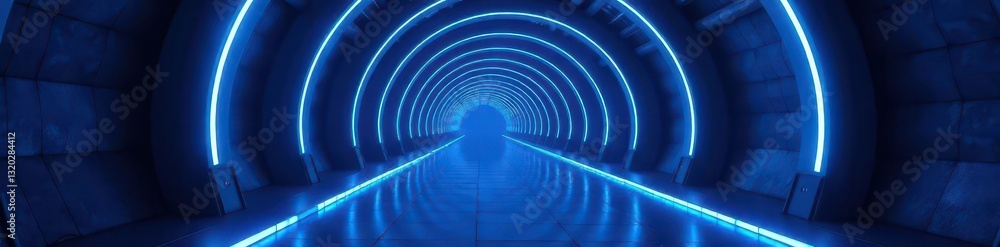 Fototapeta premium Dark blue neon signs illuminate futuristic tunnel, geometric, futuristic