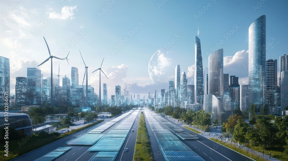 Fototapeta premium Futuristic city with sustainable infrastructure, clean energy, and advanced transportation. Wide avenue leads to tall skyscrapers, wind turbines and solar panels are visible.