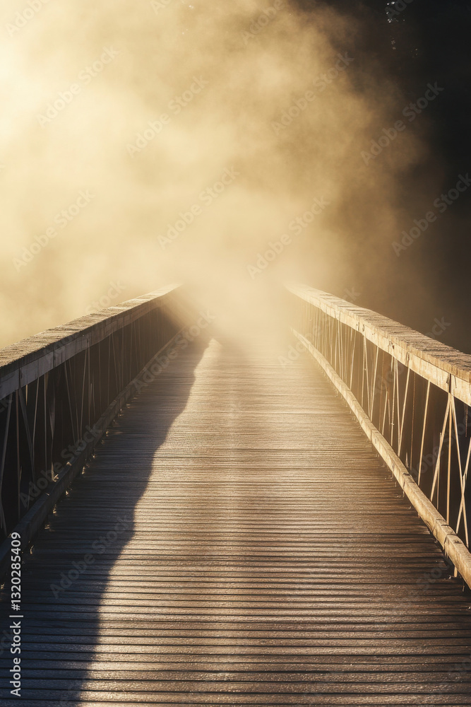 Obraz premium A wooden pedestrian bridge enveloped in dense fog, creating a mysterious and serene atmosphere as the light filters through in a golden hue.