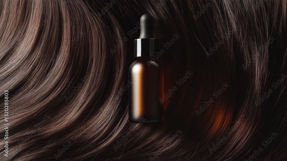 Fototapeta premium Luxurious hair care product blank container mockup on glossy brunette hair background with ample space for customization and design
