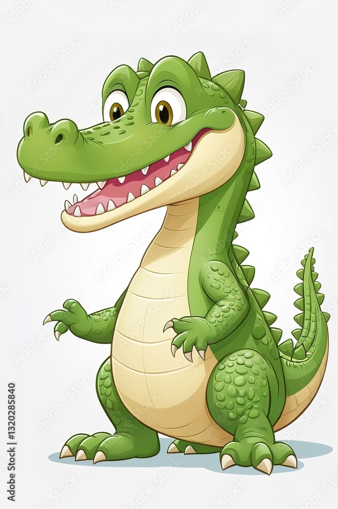 Obraz premium Adorable cartoon crocodile waving happily, white background.