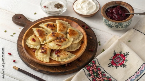 Rustic Pierogi Dish Served with Sauces and Garnishes