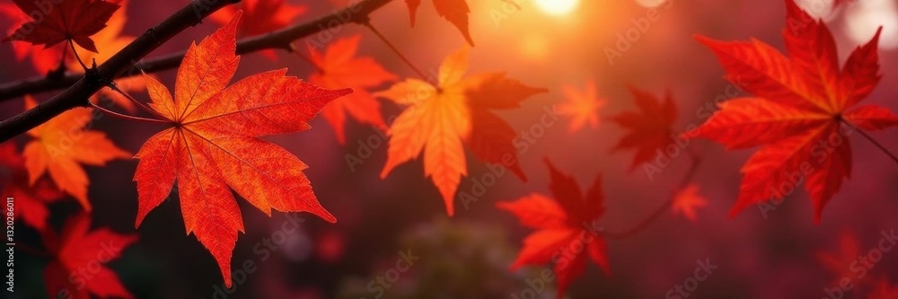 Vibrant red & orange maple leaves, crisp detail , fall background, branch Vibrant red & orange maple leaves, crisp detail , fall background, branch