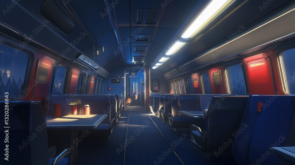 Modern interior design of a train carriage showcasing seating arrangements and ambient lighting in a stylish setting Modern interior design of a train carriage showcasing seating arrangements and ambient lighting in a stylish setting