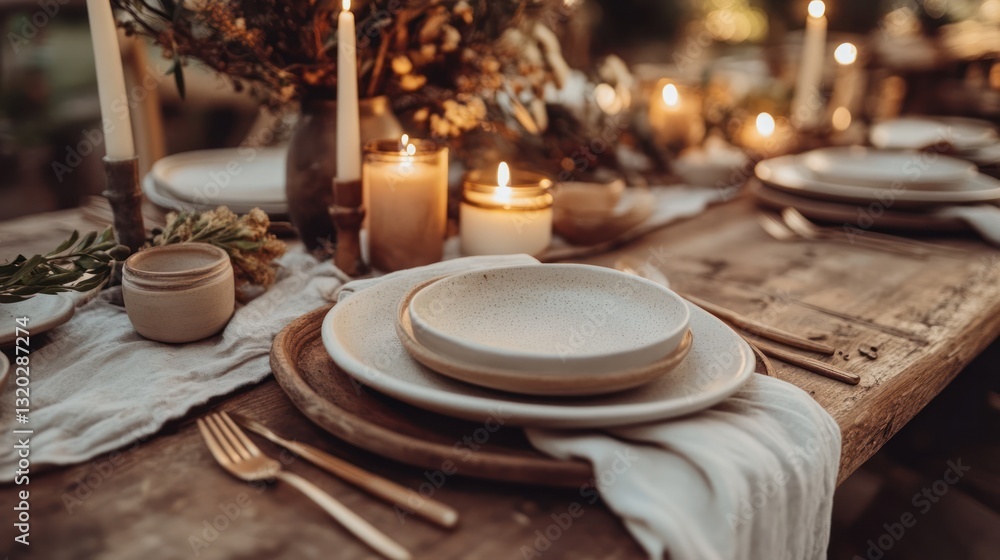 Naklejka premium Rustic, earthy-toned table setting with candles and natural elements
