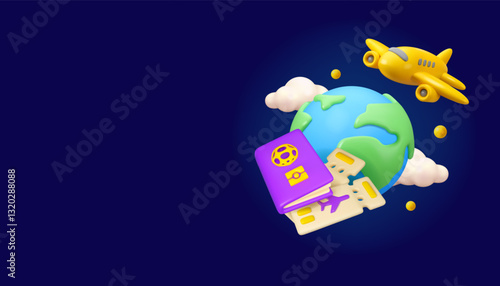 Airplane travel vector 3d banner. Cartoon passport with airline ticket, planet Earth and plane flying in sky. Summer or business trip concept, travel agency service