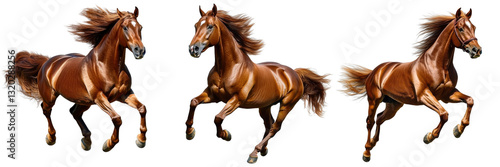 chestnut horse running triple image on white background