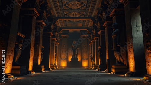 A grand hall inside an ancient history museum, featuring towering statues and artifacts from lost civilizations. The dim torch-lit corridors cast flickering golden hues across the intricate carvings o