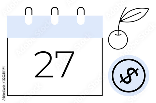 Calendar displaying 27, dollar sign in circle for financial matters, and leaf and cherry for nature or growth. Ideal for planning, budgeting, savings, eco-friendly practices, schedules, deadlines