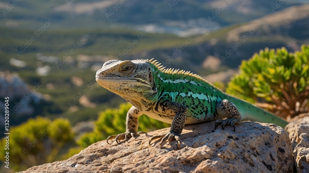 Obraz premium Sleek Lizard in Mediterranean Landscape with Green Shrubs