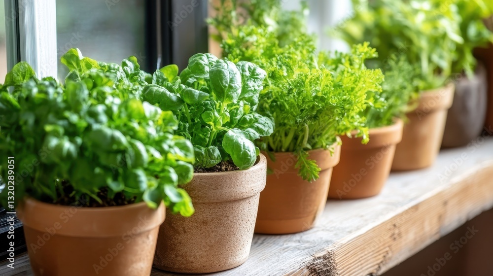 Fresh Herb Garden with Various Green Plants in Clay Pots on Windowsill for Home Cooking and Gardening Inspiration Fresh Herb Garden with Various Green Plants in Clay Pots on Windowsill for Home Cooking and Gardening Inspiration