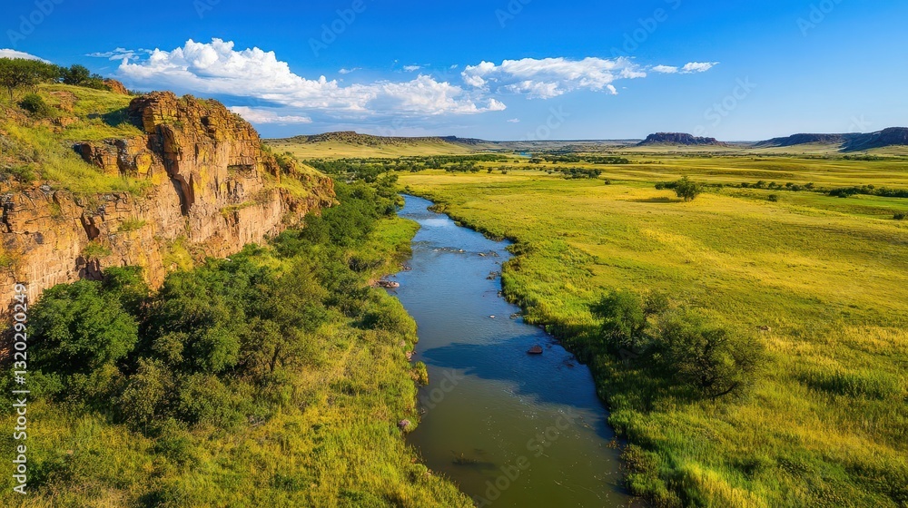 Serene River Flowing Through Lush Green Landscape Under Blue Sky Serene River Flowing Through Lush Green Landscape Under Blue Sky