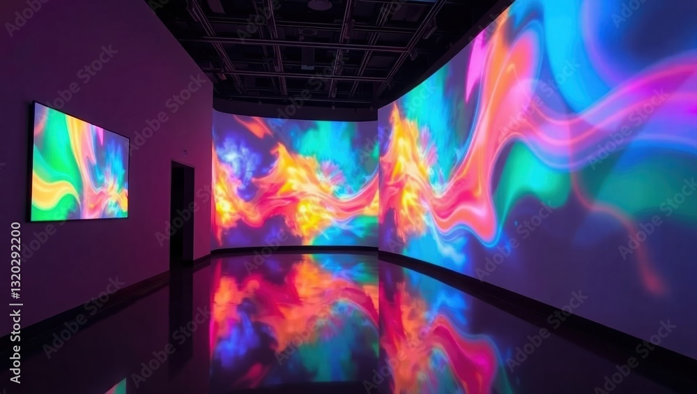 A modern digital art gallery with interactive projections on the walls and floor. Abstract visuals shift dynamically in neon colors. The dim lighting enhances the vibrancy of the digital artwork. The A modern digital art gallery with interactive projections on the walls and floor. Abstract visuals shift dynamically in neon colors. The dim lighting enhances the vibrancy of the digital artwork. The