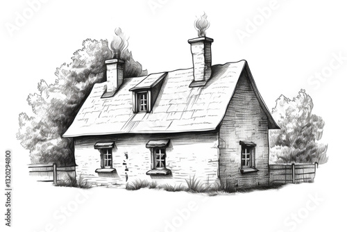 A house with a chimney and a porch. The house is made of stone isolated on transparent background