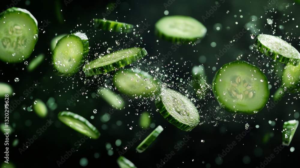 Design a dynamic advertising scene with cucumbers falling through the air against a dark background, capturing flying cucumber slices in mid-action, creating an energetic and fresh visual Design a dynamic advertising scene with cucumbers falling through the air against a dark background, capturing flying cucumber slices in mid-action, creating an energetic and fresh visual