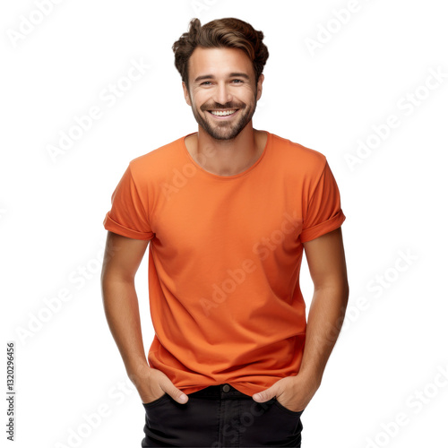 A man wearing an orange t-shirt and black pants isolated on transparent background