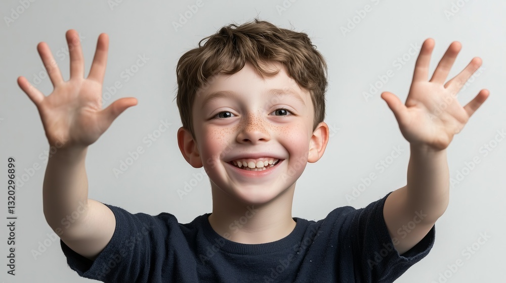 Happy boy raised hands smiling. AI generated Happy boy raised hands smiling. AI generated