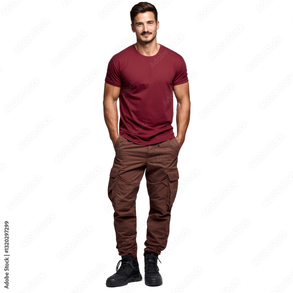A man in a red shirt and brown pants isolated on transparent background A man in a red shirt and brown pants isolated on transparent background