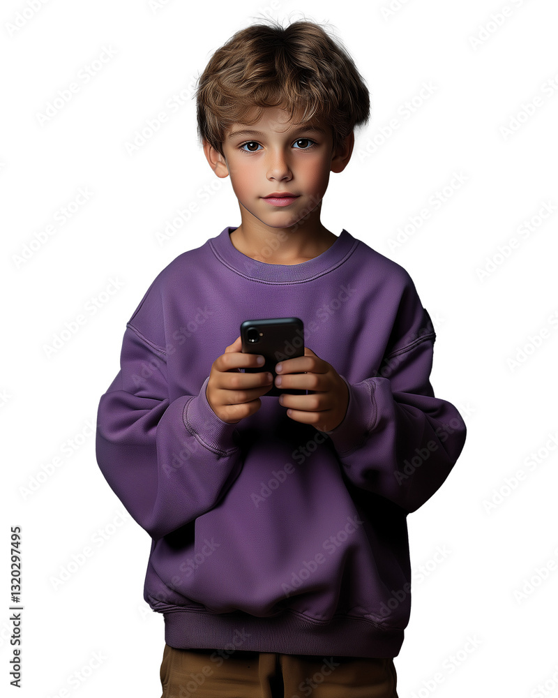 Garoto vestindo blusa roxa segurando smartphone com expressão curiosa Garoto vestindo blusa roxa segurando smartphone com expressão curiosa