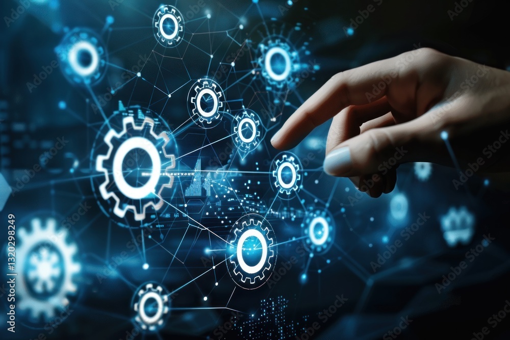 Obraz premium transfer data between application, closeup hand touching gears icon on network