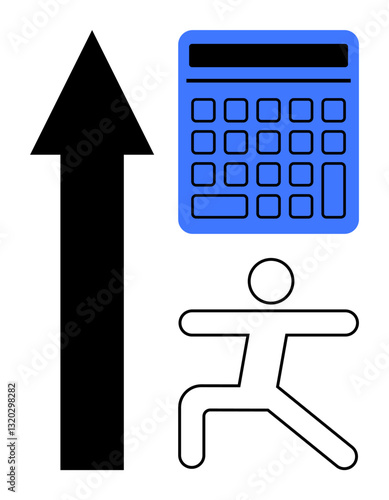 Bold upward arrow, blue calculator, and stick figure pose connected to progress, finance, and wellness. Ideal for goals, productivity, finance health success improvement balance. Flat simple