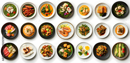 Culinary Mosaic: A delightful array of diverse dishes artfully arranged, offering a tantalizing glimpse into the world of food.