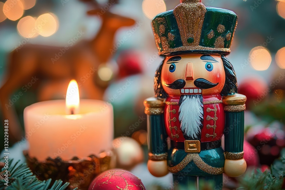 Colorful Nutcracker Scene with Candle and Reindeer at Christmas Fair Colorful Nutcracker Scene with Candle and Reindeer at Christmas Fair