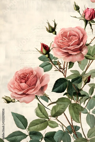 A detailed, vintage-style illustration showcasing elegant roses, from full blooms to budding flowers, complete with lush green foliage and a subtle textured background. 