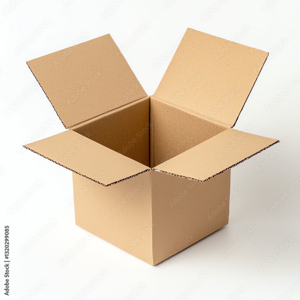 An open cardboard box with flaps raised, showcased on a white isolated background, symbolizing storage, delivery, and packaging solutions in various industries. An open cardboard box with flaps raised, showcased on a white isolated background, symbolizing storage, delivery, and packaging solutions in various industries.