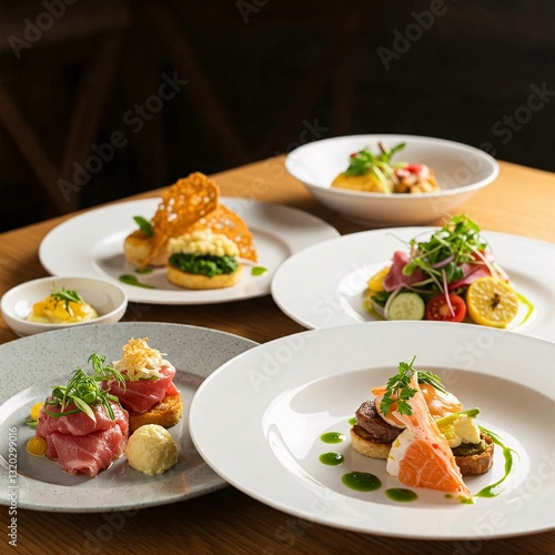 Wallpaper Mural Culinary Arts: An overhead shot of a professionally arranged, top-down view of multiple courses. Plating, each with a diverse range of components, showcasing various textures and flavors. Torontodigital.ca
