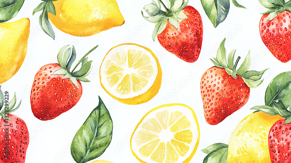 Seamless watercolor pattern with vibrant strawberries and fresh lemons
Seamless watercolor pattern with vibrant strawberries and fresh lemons