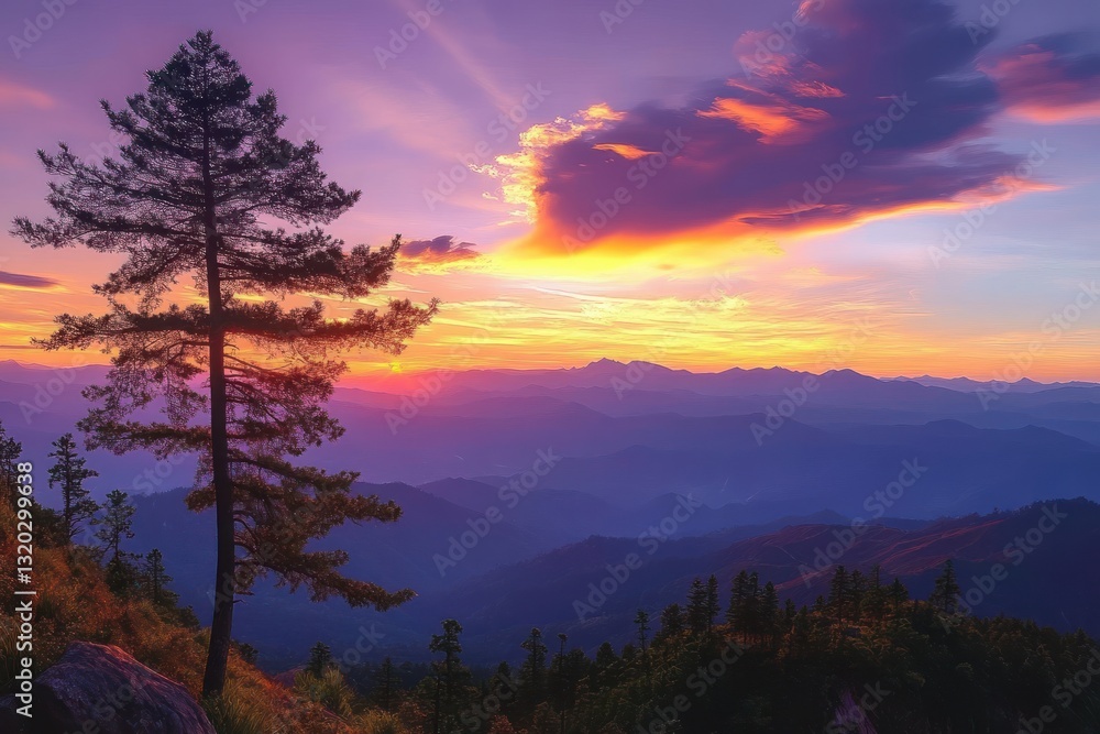 Fototapeta premium Autumn Sunset over Serene Mountain Landscape with Tall Pine Tree and Vibrant Clouds