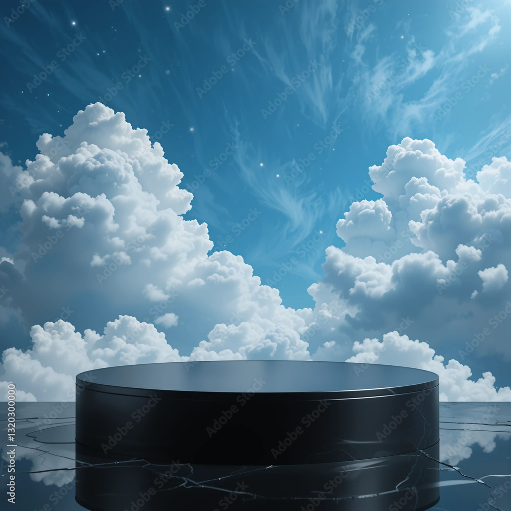 Blank Contemporary black Podium, front view focus, with blue cloud Background, ideal for luxury and skincare product displays.