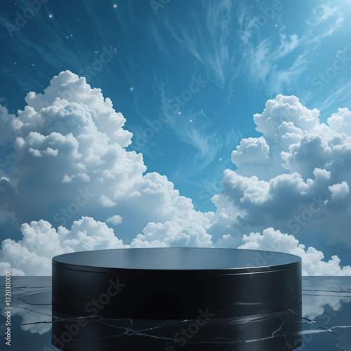 Obraz na płótnie Blank Contemporary black Podium, front view focus, with blue cloud Background, ideal for luxury and skincare product displays. w salonie