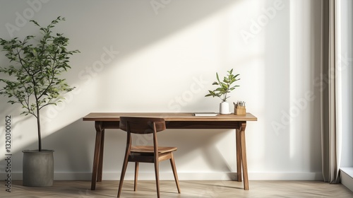 Minimalist wooden desk chair plant. Simple workspace setup. AI generated