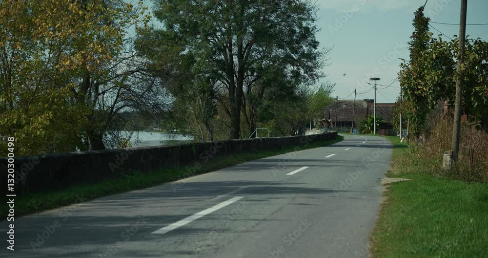 Empty countryside road with trees and a stone wall by the river in Lonjsko Polje Krapje Croatia Empty countryside road with trees and a stone wall by the river in Lonjsko Polje Krapje Croatia