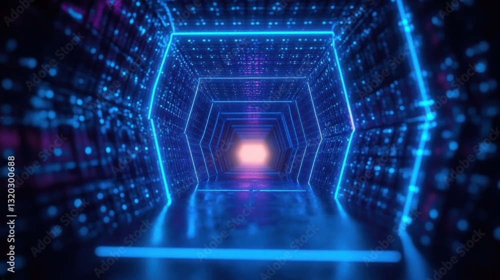 Futuristic Cyber Tunnel with Glowing Points in Infinite Space for Data Transfer and Virtual Connections Futuristic Cyber Tunnel with Glowing Points in Infinite Space for Data Transfer and Virtual Connections