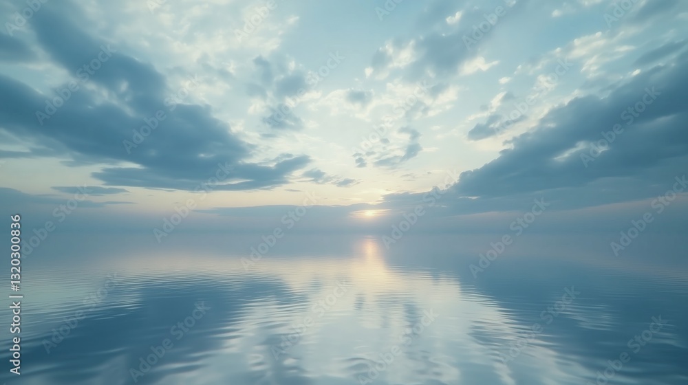 Obraz premium Serene water cloudscape sunset reflection. Peaceful horizon scene. AI generated
