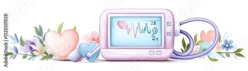 A pastel-colored medical monitor with a heart rate display, surrounded by floral decorations and hearts. Perfect for healthcare or wellness-themed projects.