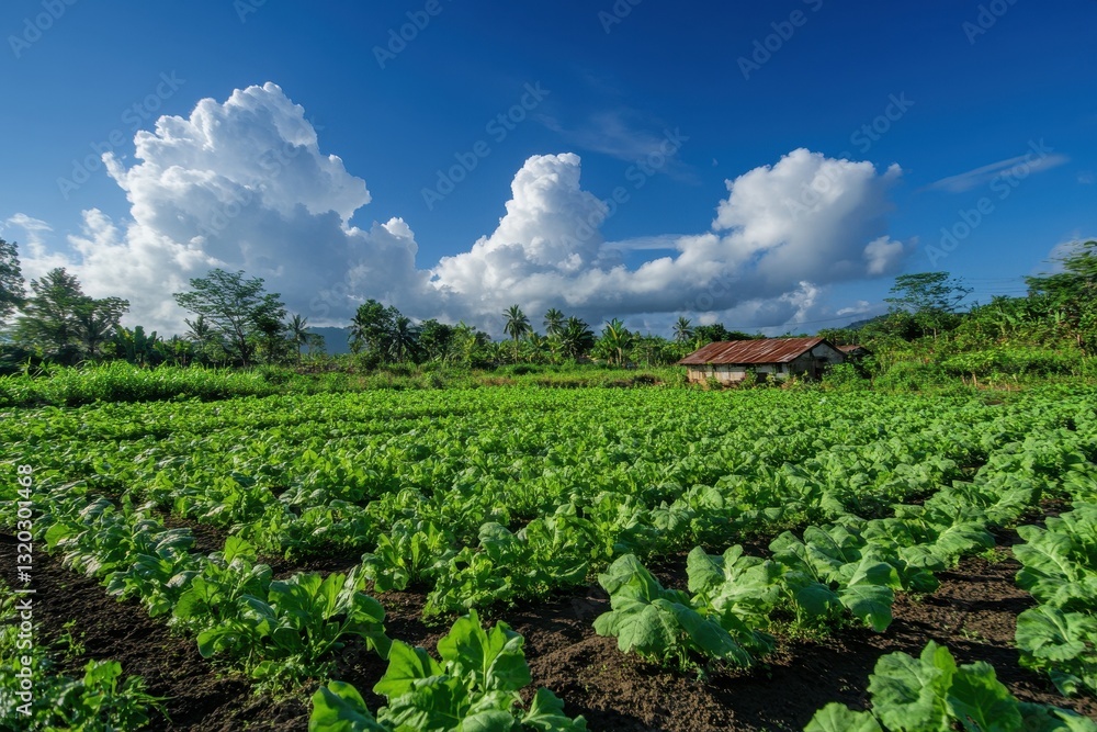 Lush green vegetable field under a bright blue sky, a rustic hut sits in the background. Illustrates sustainable farming, agriculture, and rural life. Lush green vegetable field under a bright blue sky, a rustic hut sits in the background. Illustrates sustainable farming, agriculture, and rural life.