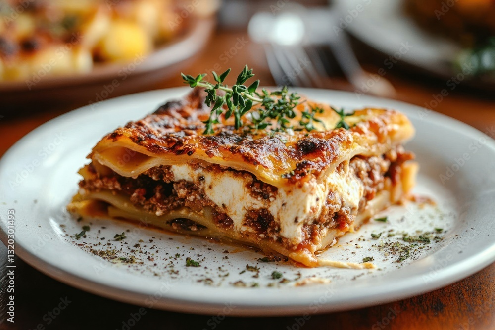 Lasagna Slice on White Plate with Bolognese Sauce and Cheese in Rustic Style Lasagna Slice on White Plate with Bolognese Sauce and Cheese in Rustic Style