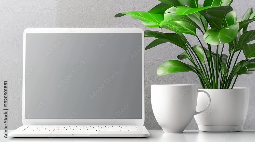 White Laptop and Green Plant on Desk Minimalist Workspace White Laptop and Green Plant on Desk Minimalist Workspace