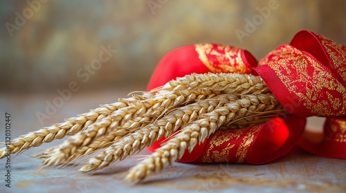 Vibrant red ribbon with golden wheat, symbolizing labor and prosperity, set against a warm industrial backdrop.