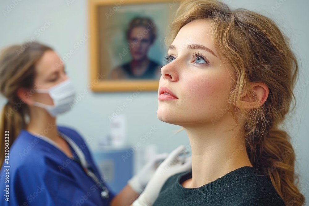 Otolaryngologist Appointment Young Woman Discussing Lymph Node Pain with ENT Doctor in Clinic