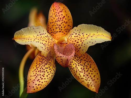 Detailed macro of a unique spotted orchid blossom with vibrant coloration photo