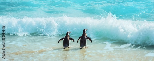 Two penguins walking on the beach facing the ocean water