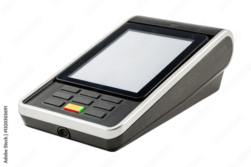 Modern payment terminal with touchscreen and keypad isolated with transparent background Modern payment terminal with touchscreen and keypad isolated with transparent background