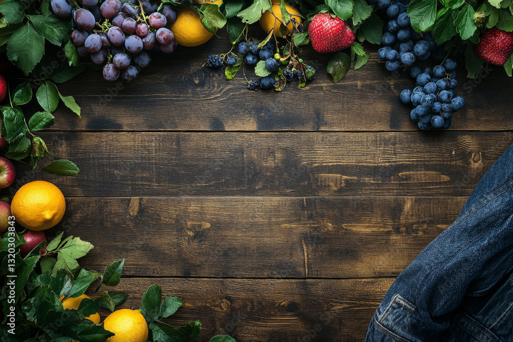 Fresh fruits and denim on wooden table background Fresh fruits and denim on wooden table background